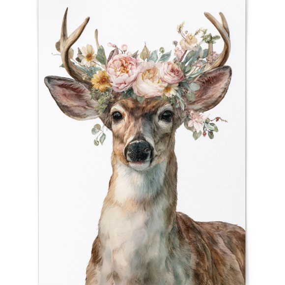 Watercolor Deer with Flower Wreath Illustration Wall Art Print Poster, Unframed - Picture 2 of 6